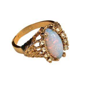 Vintage 14KT HGE Opal Cocktail Ring Marquise Cabochon